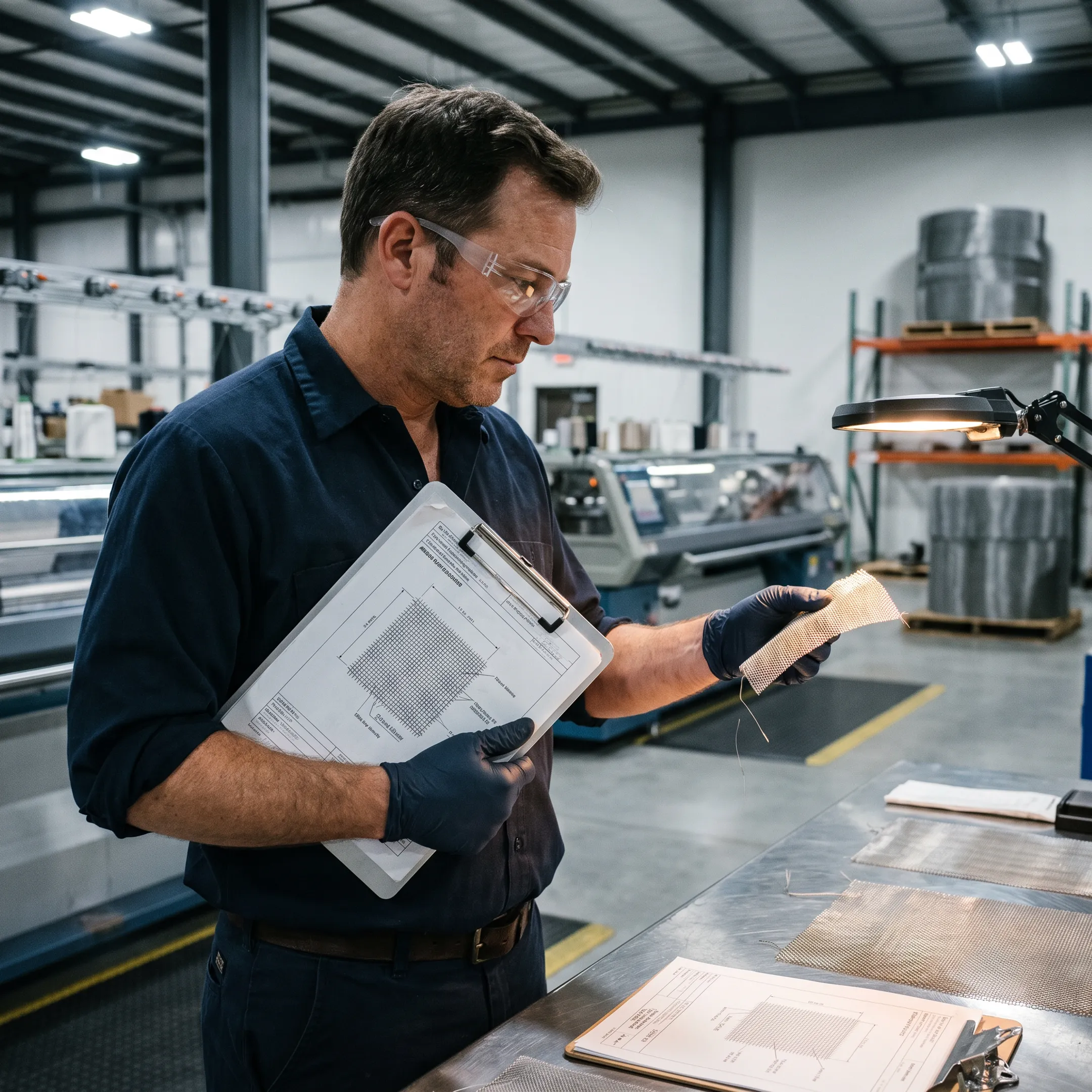 Engineer reviewing a custom knitted wire mesh specification