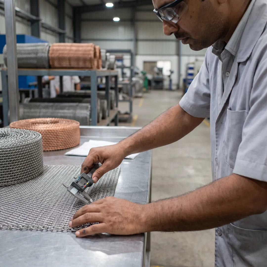 Technician inspecting custom knitted wire mesh