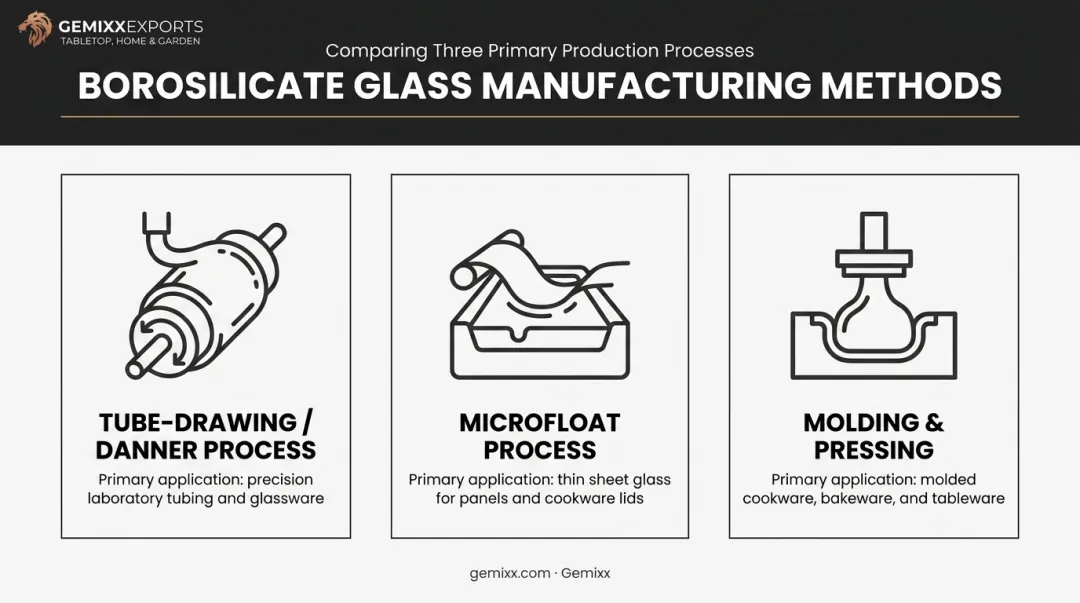 Three borosilicate glass manufacturing methods tube-drawing microfloat and molding process diagram