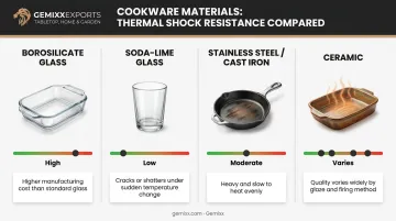 Borosilicate glass versus soda-lime steel and ceramic cookware comparison chart
