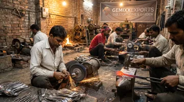 Skilled artisans hand-finishing stainless steel flatware at Indian factory