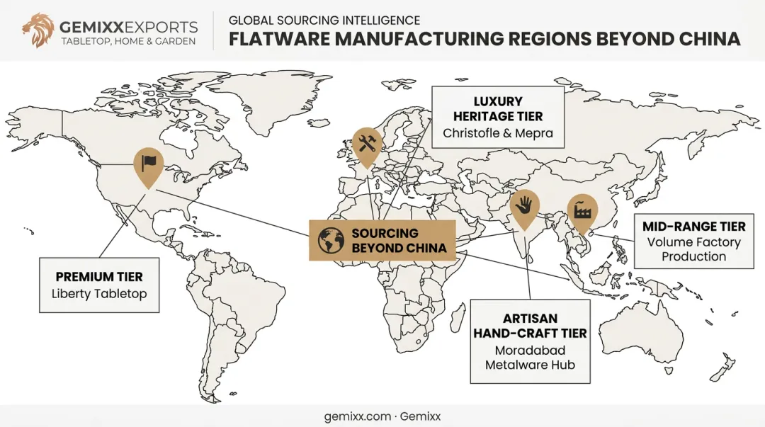 Global flatware manufacturing map comparing USA Europe Vietnam India