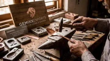 Artisan hand-hammering copper finish on custom flatware piece at Gemixx