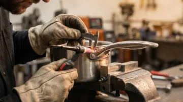 Craftsman welding and quality-testing a custom cookware handle in workshop