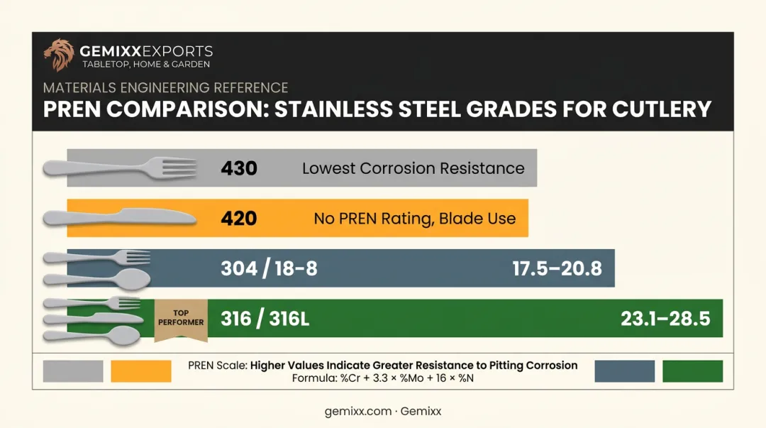 PREN corrosion resistance comparison chart for 316 304 420 430 stainless steel grades