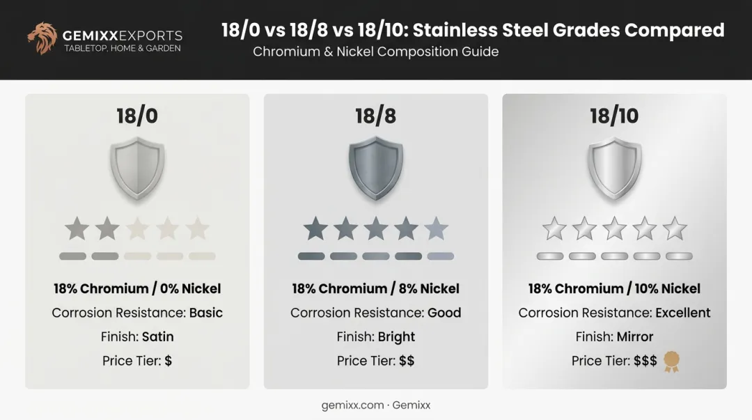 Comparison of 18/0 18/8 and 18/10 stainless steel cutlery grades