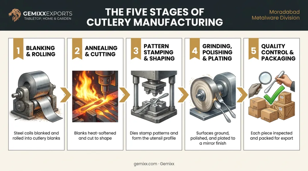 5-step cutlery manufacturing process flow from steel coil to finished utensil