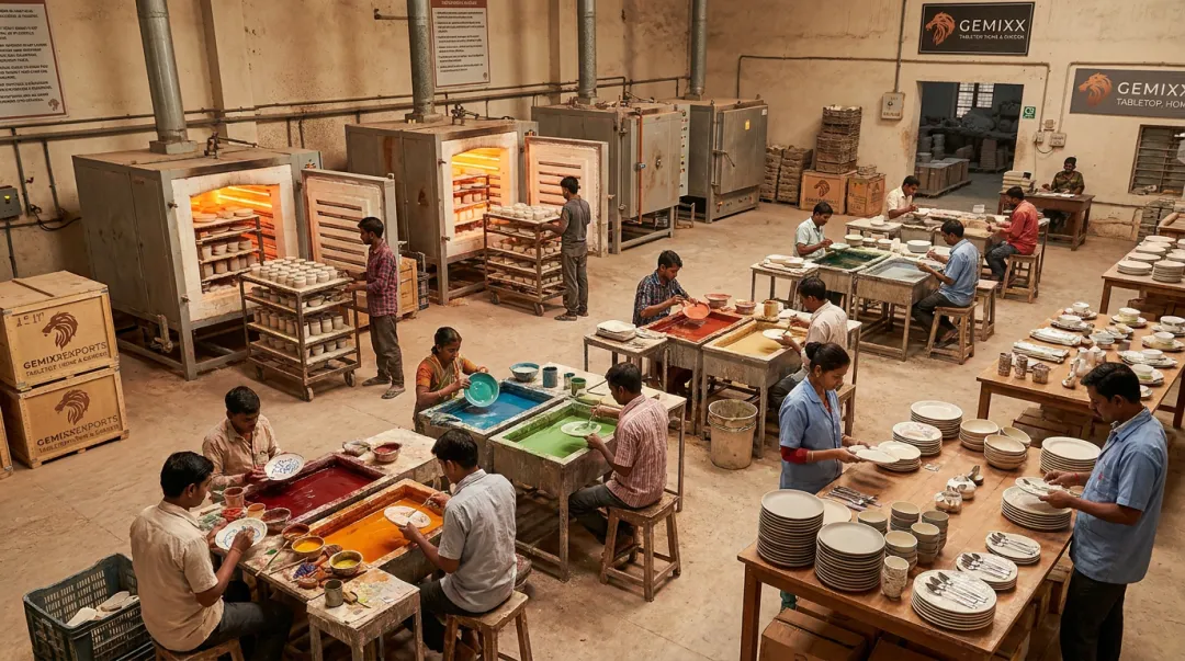 Gemixx ceramics dinnerware manufacturing facility production floor in India