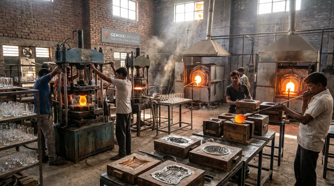 Gemixx glass factory workers hand-blowing custom drinkware molds