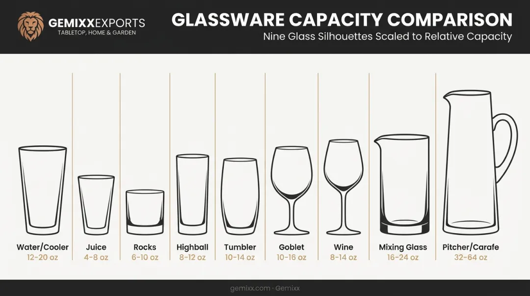 Comparison chart of 9 common drinking glass types by shape and capacity