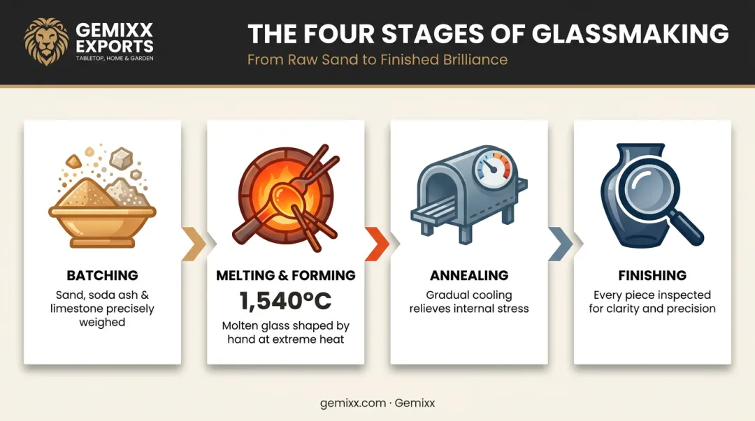 4-stage glass manufacturing process from batching to finishing