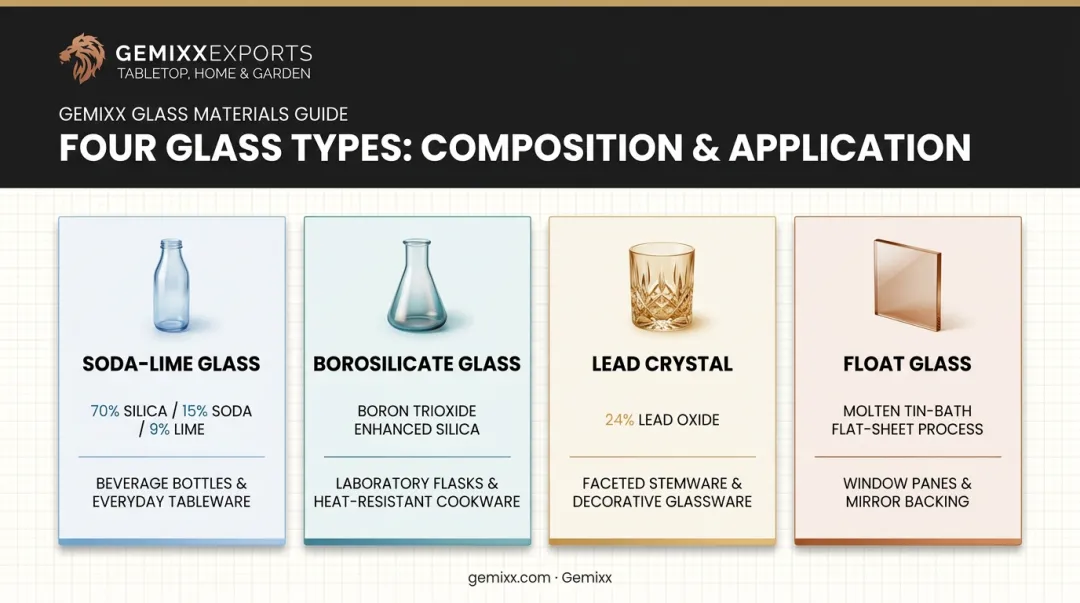 Comparison of four glass types by composition and primary use