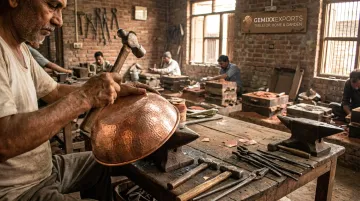 Artisan hand-hammering copper cookware in traditional metalworking workshop