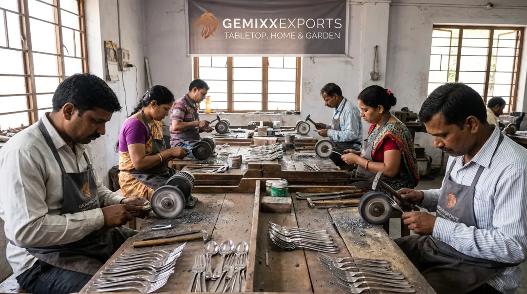 Skilled artisans hand-finishing premium flatware at Gemixx metalware factory