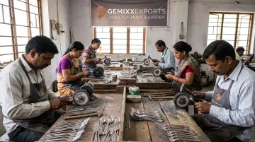 Skilled artisans hand-finishing premium flatware at Gemixx metalware factory