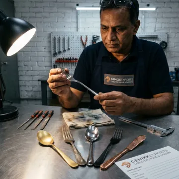 Artisan inspecting handcrafted metal flatware
