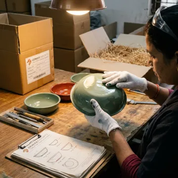 Artisans reviewing enamelware prototypes