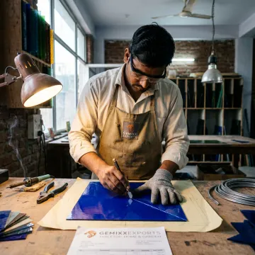 Artist cutting colored glass in a stained glass studio