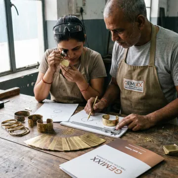 Artisans reviewing brass jewelry prototypes