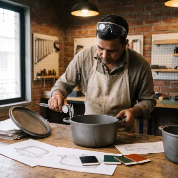 Artisan reviewing Dutch oven prototype