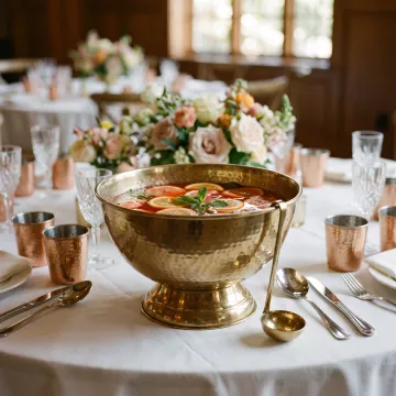 Handcrafted metal 3 gallon punch bowl on a styled event table