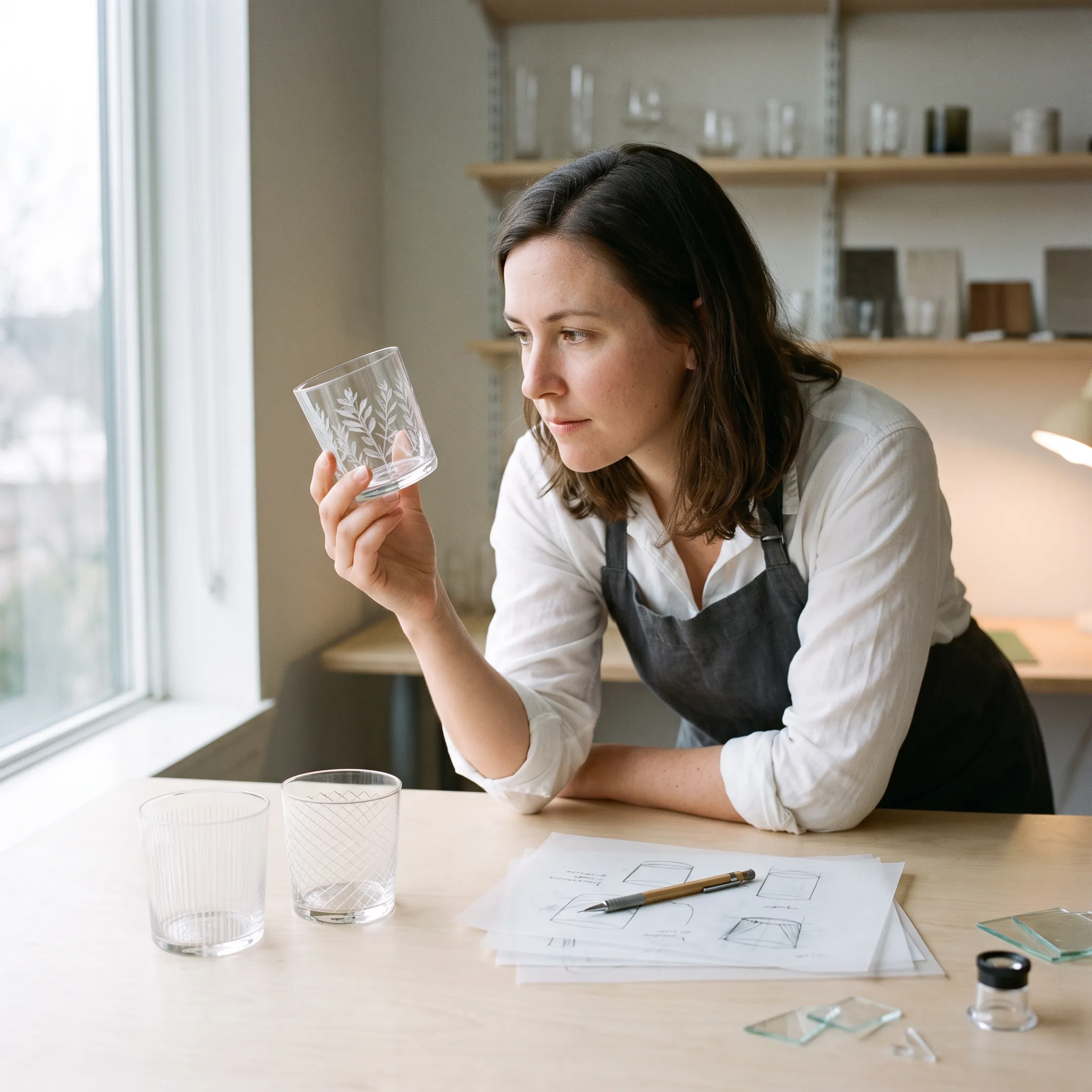 Designer reviewing etched tumbler samples