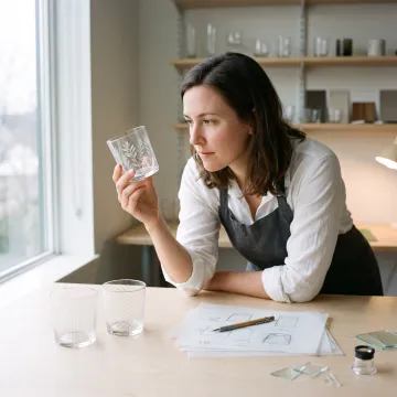 Designer reviewing etched tumbler samples