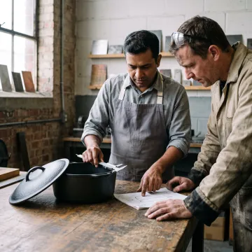 Designer reviewing a cast-iron cookware prototype