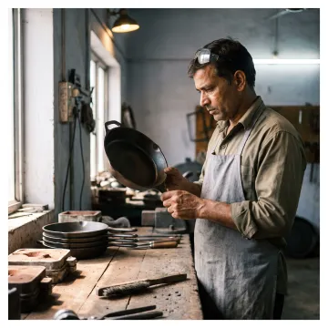 Handcrafted cast-iron cookware in a production workshop