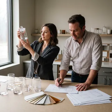 Team reviewing candle jar samples and specifications