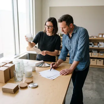 Team reviewing private label candle concepts