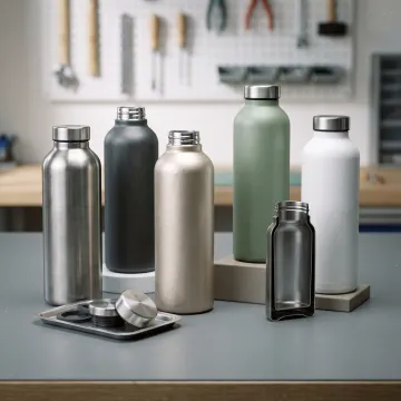 Custom stainless steel water bottles on a worktable