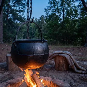 Cast iron cauldron over an outdoor fire