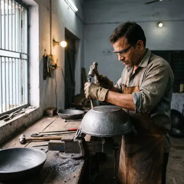 Artisan crafting a cast iron cauldron