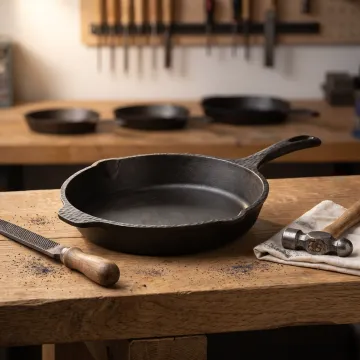 Handcrafted cast-iron skillet on a kitchen worktable