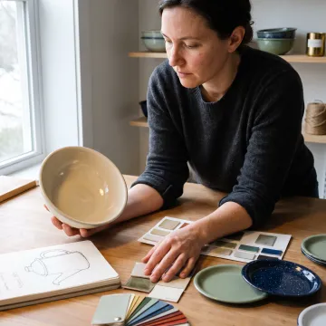 Designer reviewing custom enamelware samples