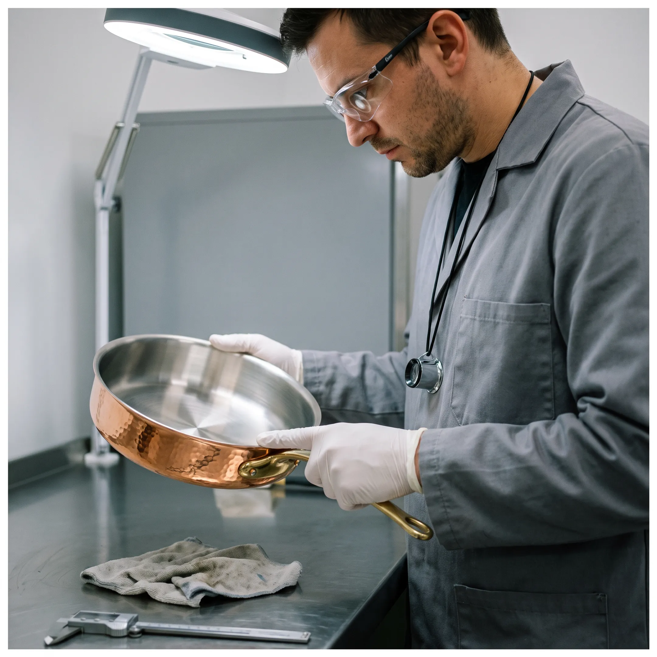 Copper pan prototype being inspected