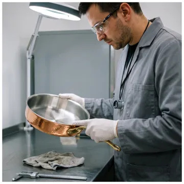 Copper pan prototype being inspected
