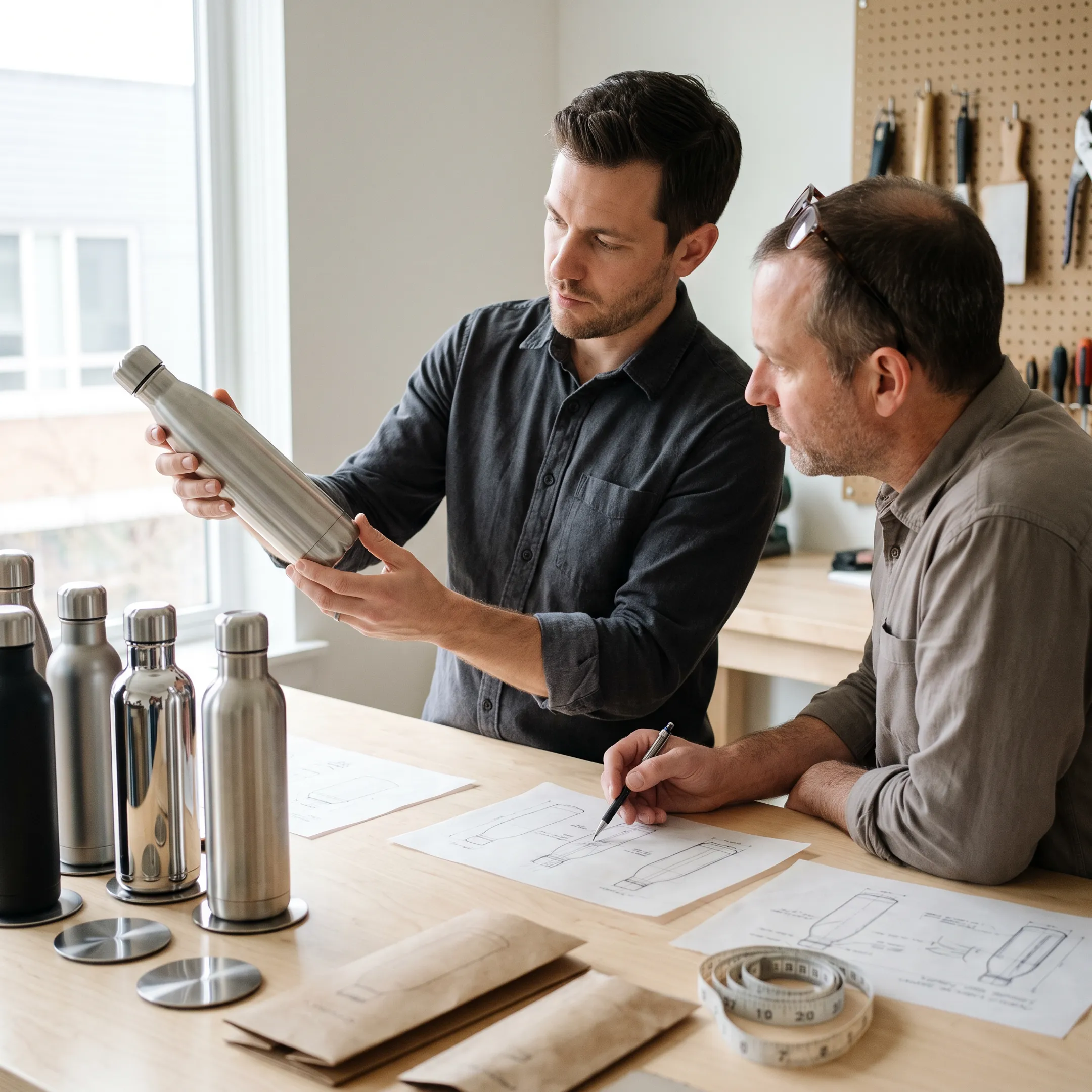 Designer reviewing stainless steel bottle prototypes