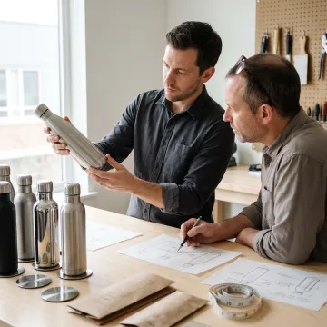 Designer reviewing stainless steel bottle prototypes