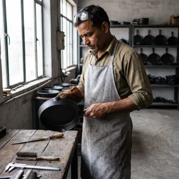 Handmade cast iron skillet on a kitchen workbench
