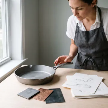 Designer reviewing a cast iron skillet prototype