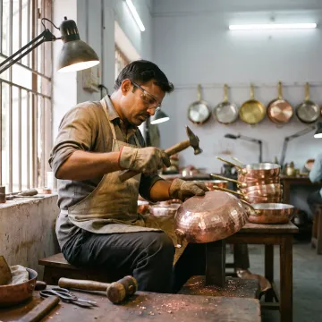 Artisan shaping a copper cookware pan