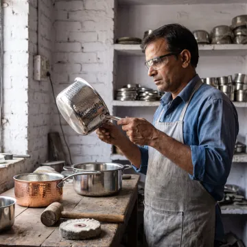 Artisan inspecting a custom metal saucepan