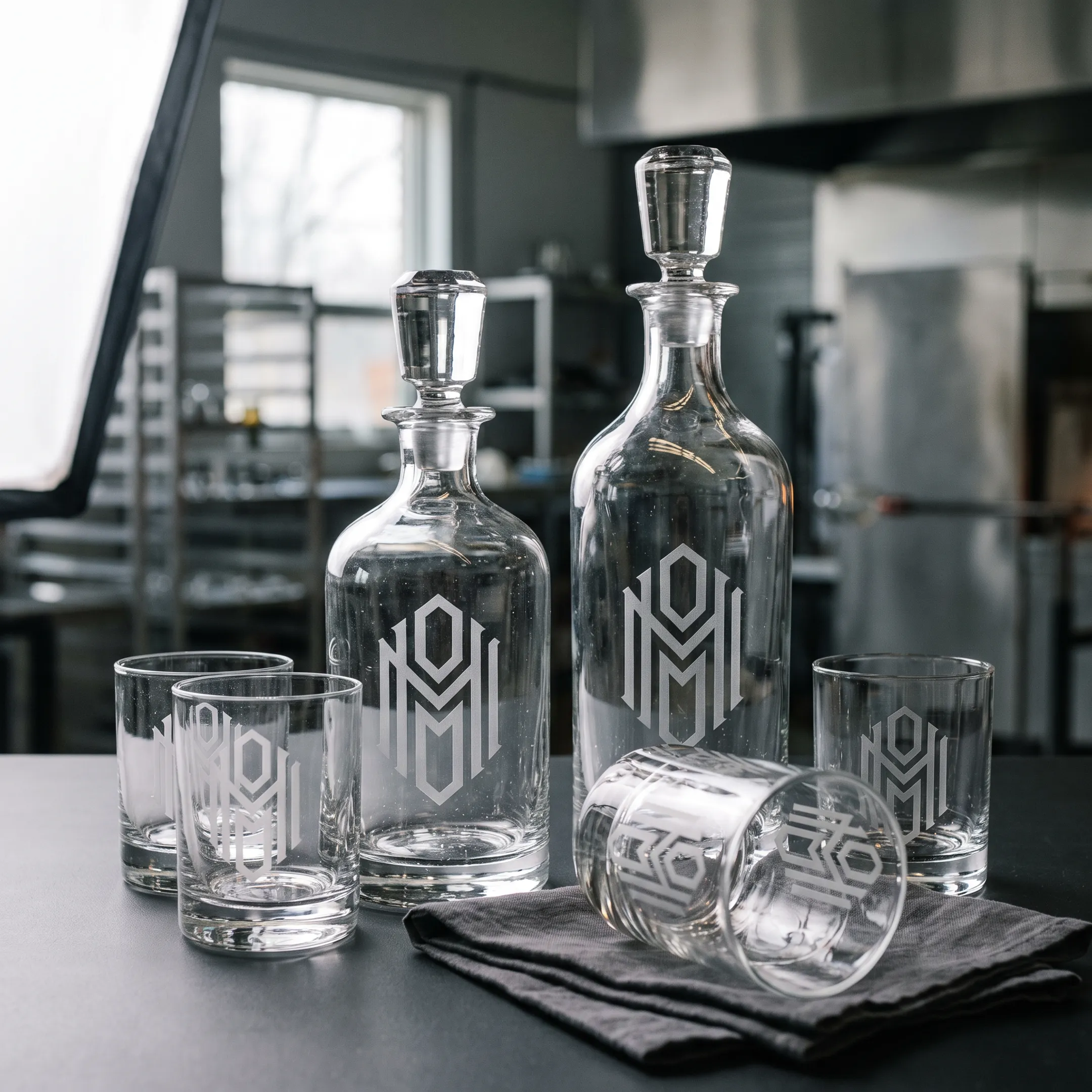 Custom glass decanters and tumblers