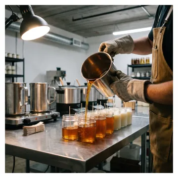 Candle filler pouring wax into glass jars