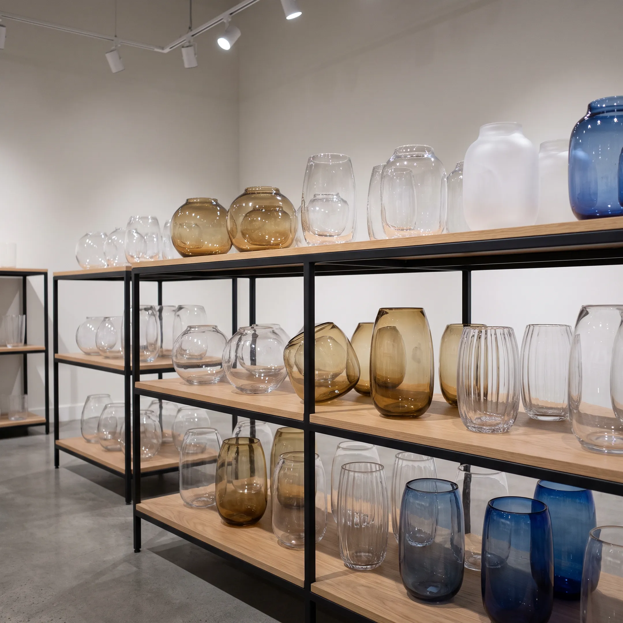 Retail shelf display of glass vases
