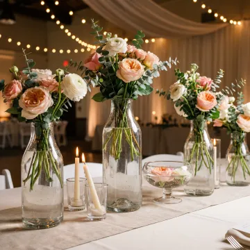 Wedding event centerpiece with glass vases