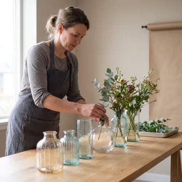 Florist arranging flowers in glass vases