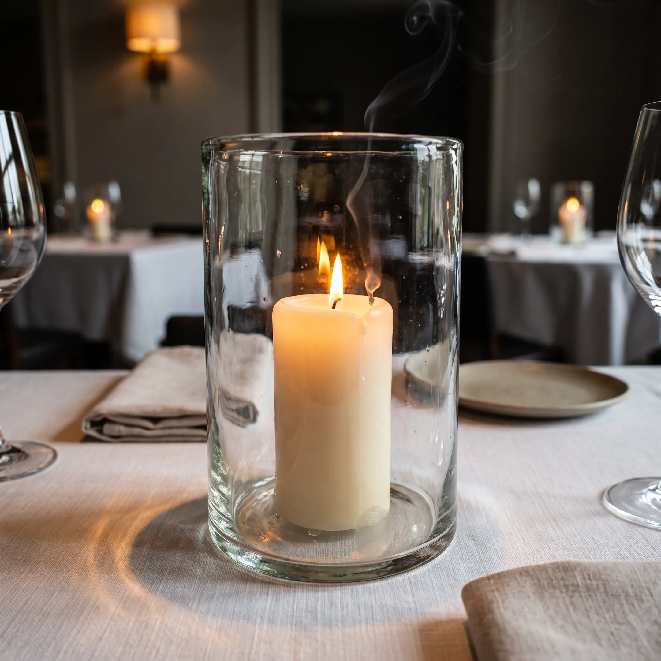 Restaurant table with glass candle hurricane vessel
